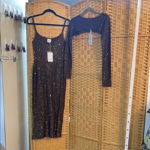 Misa Los Angeles Glittering BrownLong Sleeve Dress with Bolero